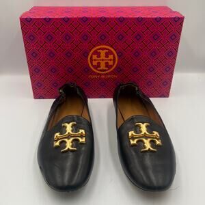 Tory Burch Loafers Flats Shoes Eleanor Double T Logo Leather Black Size 6.5M